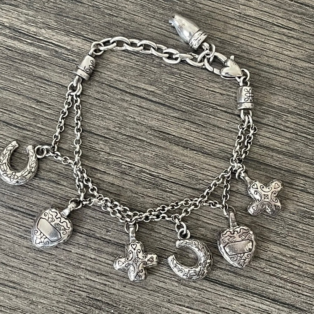Brighton charm bracelet hearts cross horseshoe 7” silver tone